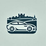 DALL·E 2024-06-24 09.15.13 - A simple 2D logo of a car with clean, minimalist lines, set against a backdrop that subtly hints at the landscape of Berkshire. The car should have a 