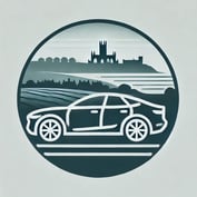 DALL·E 2024-06-24 11.38.45 - A simple 2D logo of a car with clean, minimalist lines, set against a backdrop that subtly hints at the landscape of Kent. The car should have a sleek