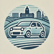 DALL·E 2024-06-26 10.24.15 - A simple 2D logo of a car with clean, minimalist lines, set against a backdrop that subtly hints at the landscape of Sheffield. The car should have a 