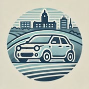DALL·E 2024-06-26 10.24.15 - A simple 2D logo of a car with clean, minimalist lines, set against a backdrop that subtly hints at the landscape of Sheffield. The car should have a