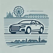 DALL·E 2024-06-26 16.03.00 - A simple 2D logo of a car with clean, minimalist lines, set against a backdrop that subtly hints at the landscape of Essex. The car should have a slee